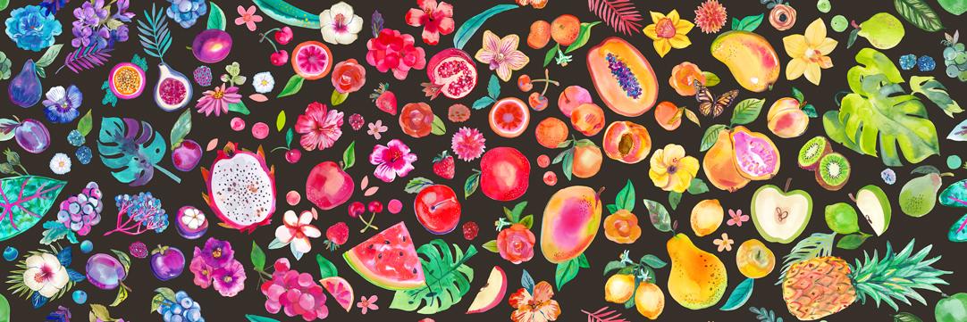 Copa Flora Fruit Rainbow Midnight - Quilt Fabric, zoomed in. Select this picture to zoom back out.