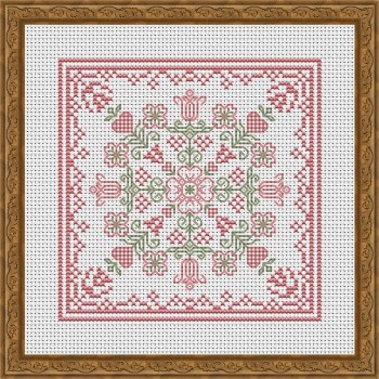 April Hearts Square With Dogwood And Tulips - Cross Stitch