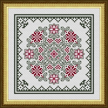 December Hearts Square with Poinsettias - Cross Stitch