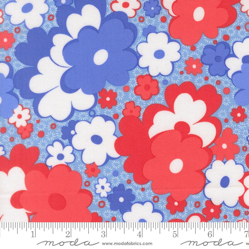 On The Porch Flower Blue Sky - Quilt Fabric, zoomed in. Select this picture to zoom back out.