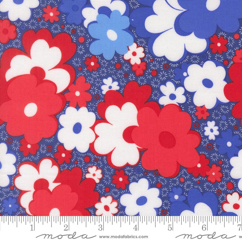 On The Porch Flower Navy - Quilt Fabric, zoomed in. Select this picture to zoom back out.