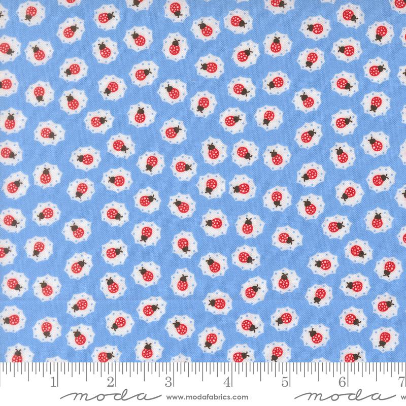 On The Porch Ladybugs Blue Sky - Quilt Fabric, zoomed in. Select this picture to zoom back out.
