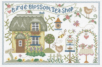 Bird & Blossom Tea Shop - Cross Stitch Pattern, zoomed in. Select this picture to zoom back out.