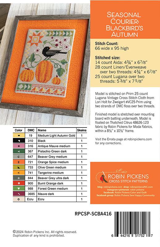Blackbird's Autumn Seasonal Courier - Cross Stitch Pattern