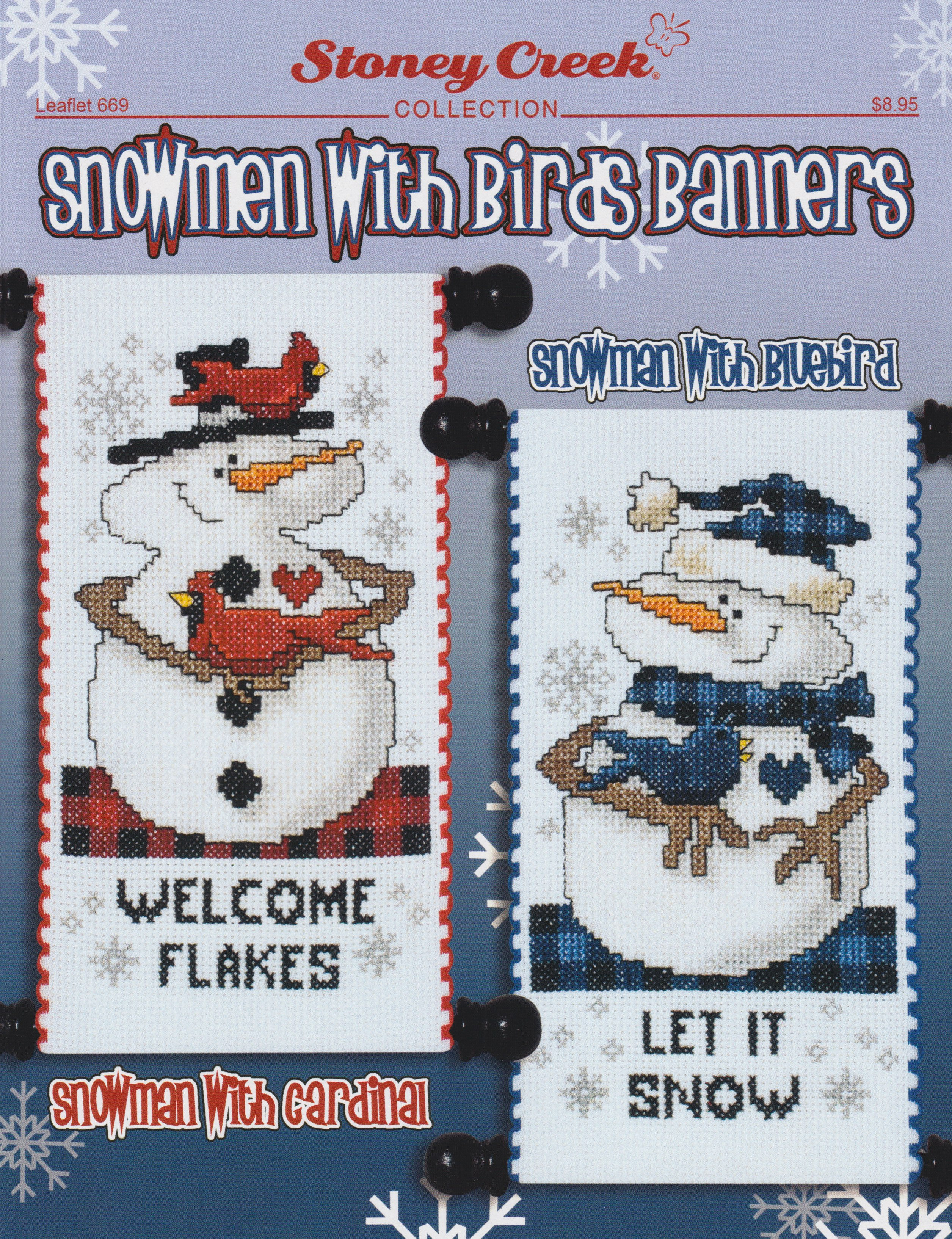 Snowmen With Birds Banners - Christmas Cross Stitch Pattern