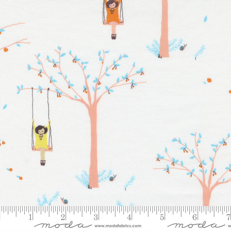 Pips Girl on Tree Swing Milk - Quilt Fabric