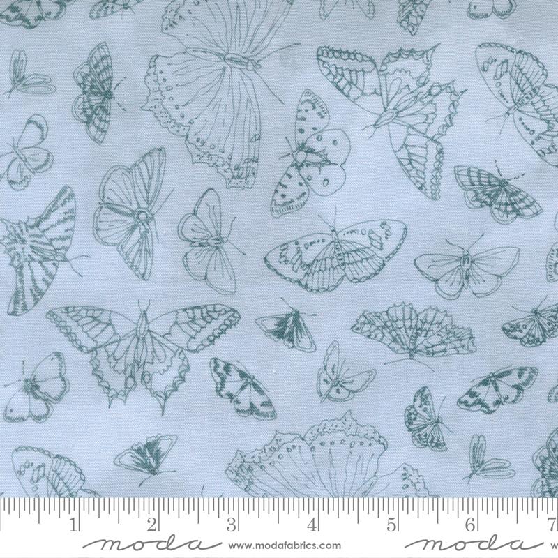 Flutterby Sketch Chalk Hill Blue - Quilt Fabric, zoomed in. Select this picture to zoom back out.