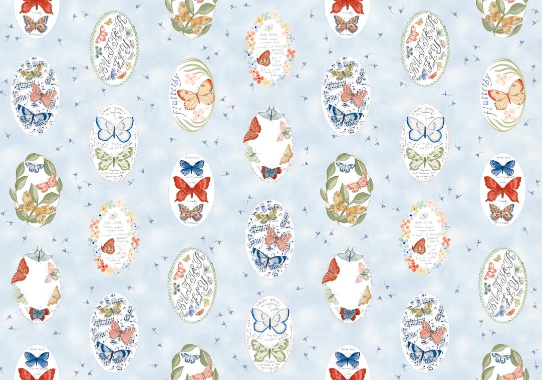 Flutterby Cameo Chalk Hill Blue - Quilt Fabric, zoomed in. Select this picture to zoom back out.