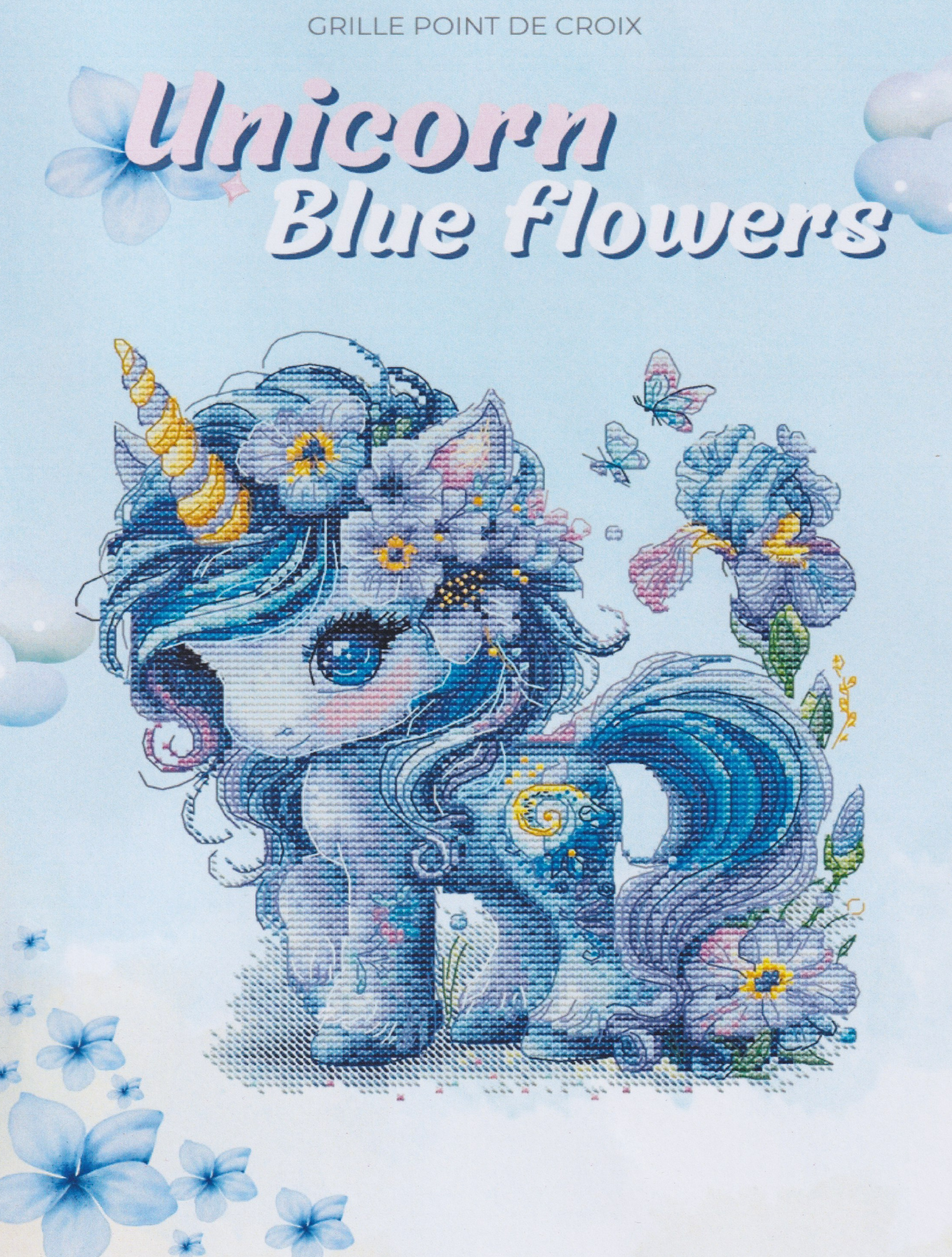 Unicorn Blue Flowers - Cross Stitch Pattern