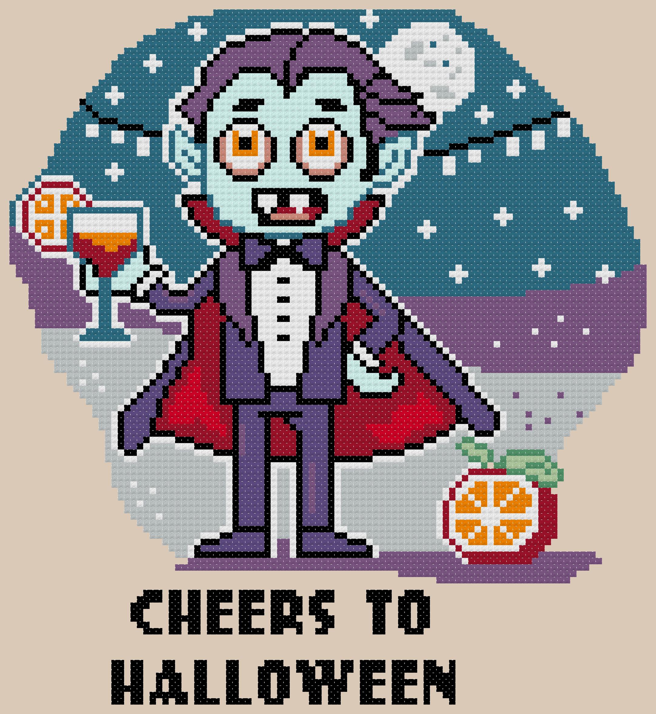 Happy Dracula - Halloween Cross Stitch Pattern, zoomed in. Select this picture to zoom back out.