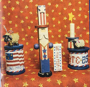 Celebrate 250 Sheep Spool Set Patriotic Cross Stitch Pattern, zoomed in. Select this picture to zoom back out.