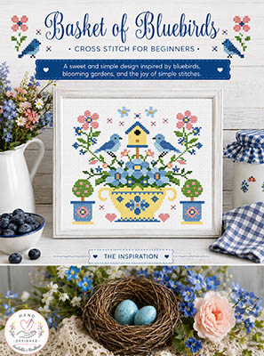 Basket Of Bluebirds - Cross Stitch Pattern, zoomed in. Select this picture to zoom back out.