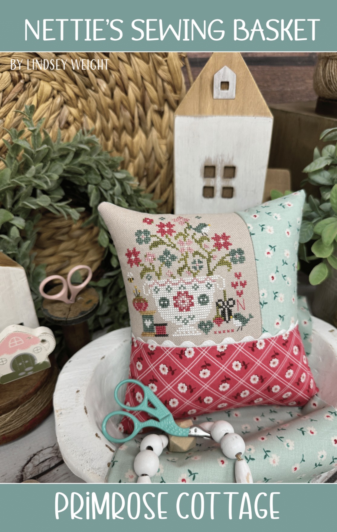 Nettie's Sewing Basket - Cross Stitch Pattern, zoomed in. Select this picture to zoom back out.
