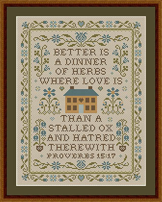 Dinner Of Herbs Proverb 15:17 Christian Cross Stitch Pattern, zoomed in. Select this picture to zoom back out.