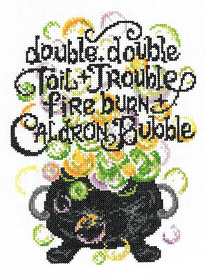 Caldron Troubles - Halloween Cross Stitch Pattern, zoomed in. Select this picture to zoom back out.