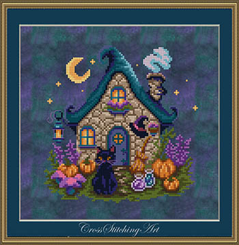 Mooncap Cottage - Halloween Cross Stitch Pattern, zoomed in. Select this picture to zoom back out.