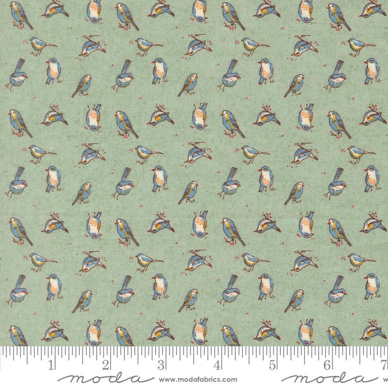 Sorrel Orlo Birdie Aqua - Quilt Fabric, zoomed in. Select this picture to zoom back out.