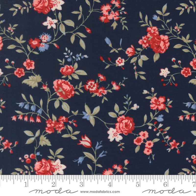 Blossom Jubilee Flowers Nightfall - Quilt Fabric, zoomed in. Select this picture to zoom back out.