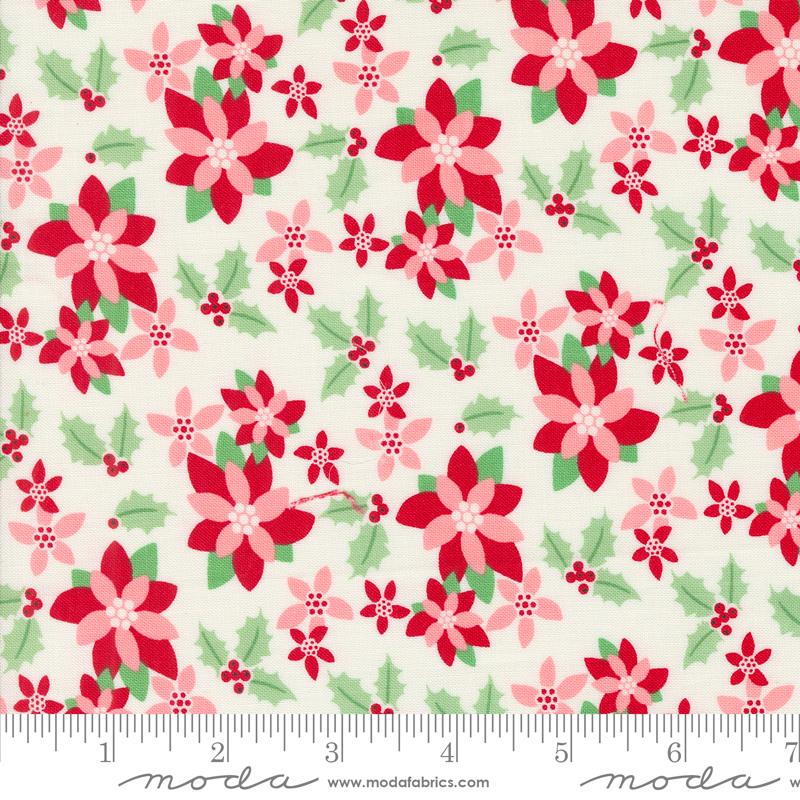 Kitty Christmas Poinsettia - Snow - Quilt Fabric