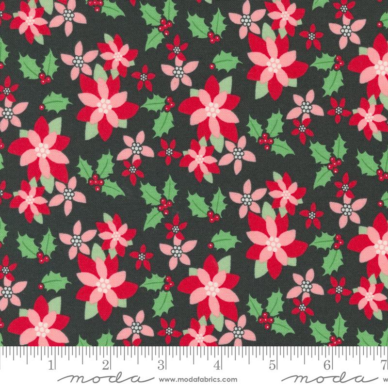 Kitty Christmas Poinsettia - Coal - Quilt Fabric