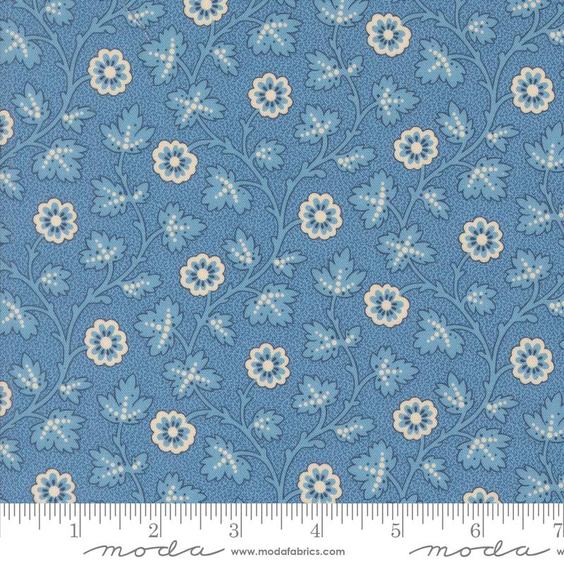 Sallys Stitches Flowers Prussian Blue - Quilt Fabric