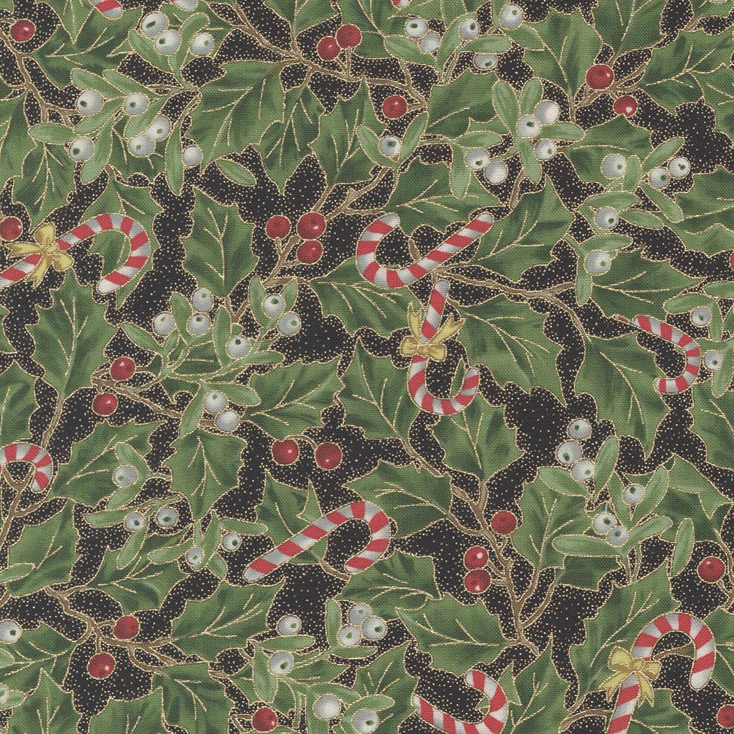 Merry Manor Metallic Black - Holly Christmas - Quilt Fabric