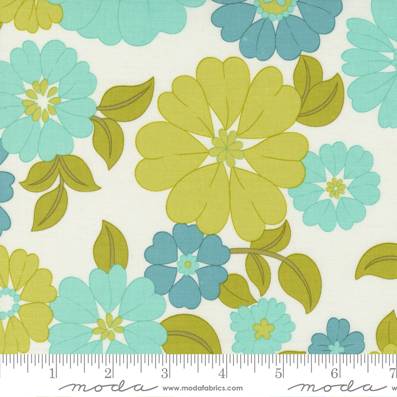 Flower Power Cloud Aqua - Blooming Blossoms - Quilt Fabric, zoomed in. Select this picture to zoom back out.