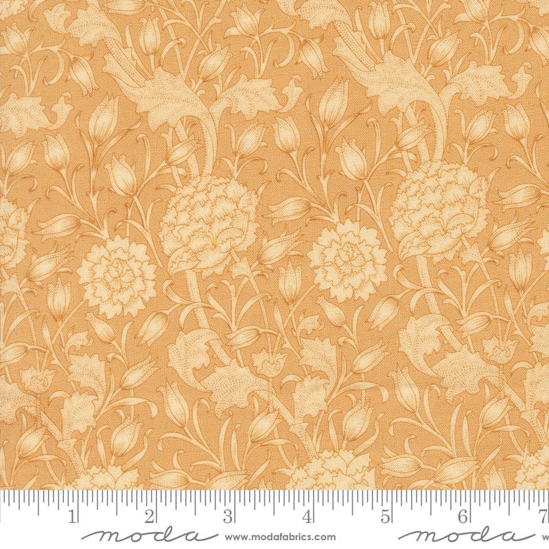 Larkspur and Linen Flower Tan - Quilt Fabric, zoomed in. Select this picture to zoom back out.