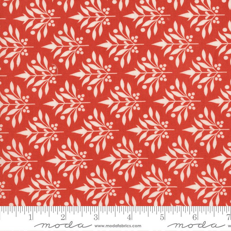 Larkspur and Linen Leaf Pomegranate - Quilt Fabric, zoomed in. Select this picture to zoom back out.