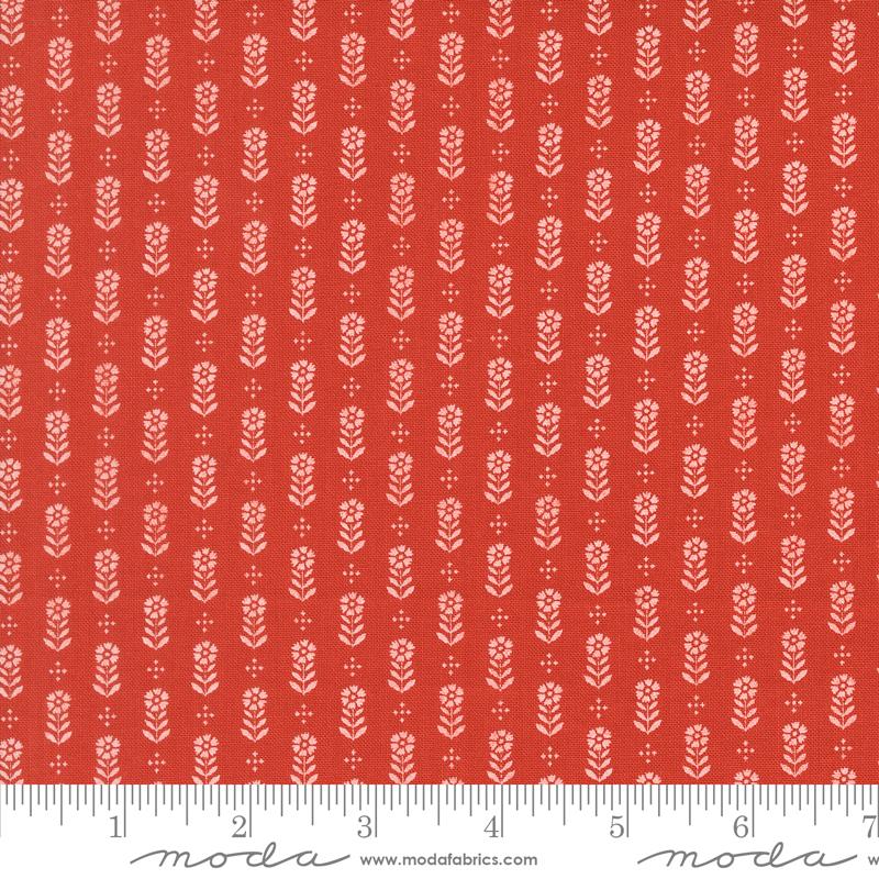 Larkspur and Linen Blossoms Pomegranate - Quilt Fabric, zoomed in. Select this picture to zoom back out.