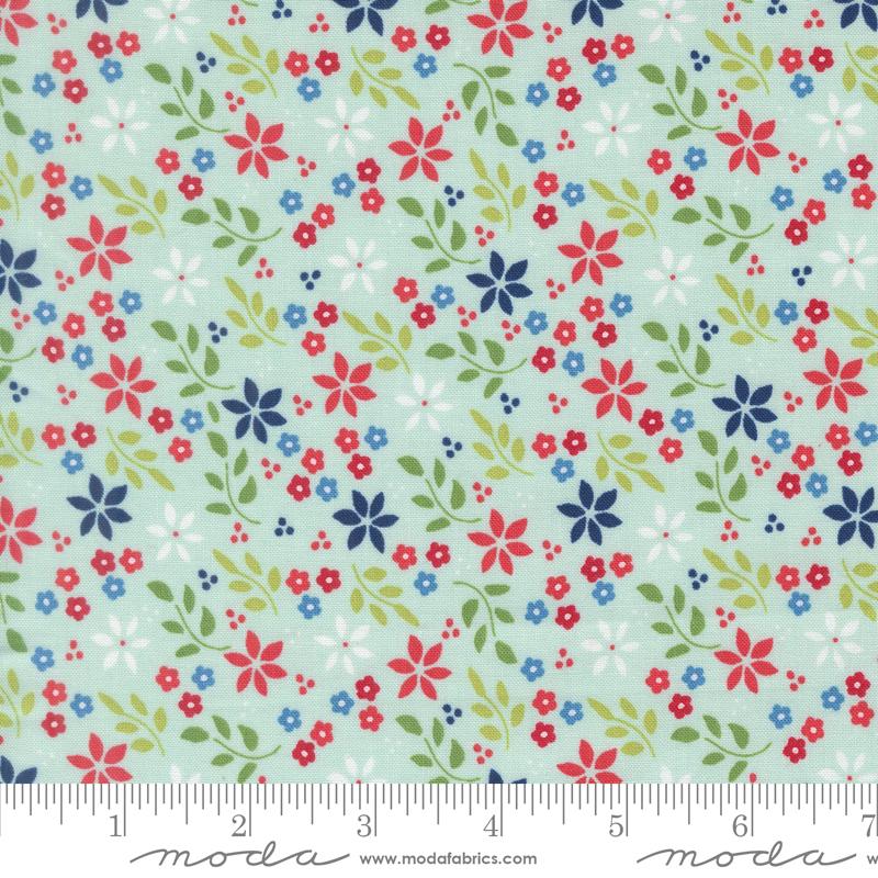 Midsummer Blossoms Aqua - Quilt Fabric, zoomed in. Select this picture to zoom back out.