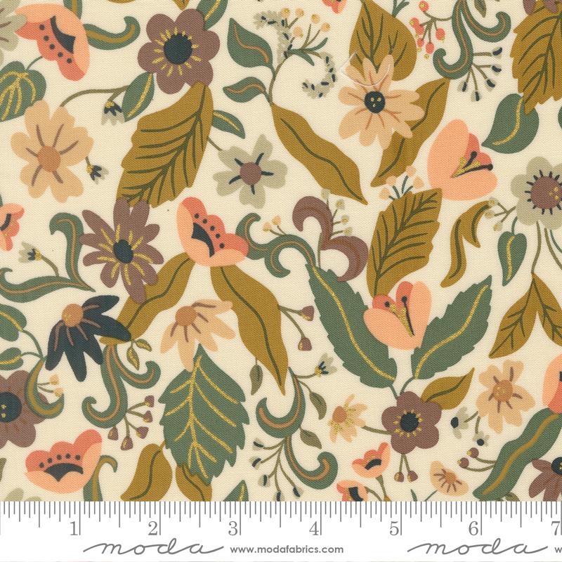 Sunlit Ruins Flowers Metallic Cream - Quilt Fabric