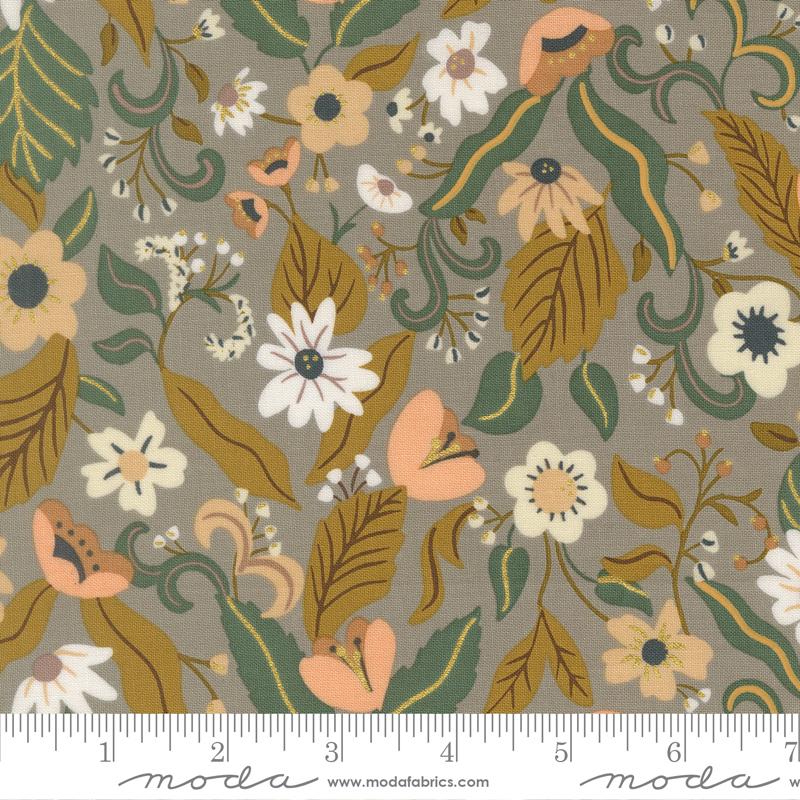 Sunlit Ruins Flowers Metallic Silver - Quilt Fabric