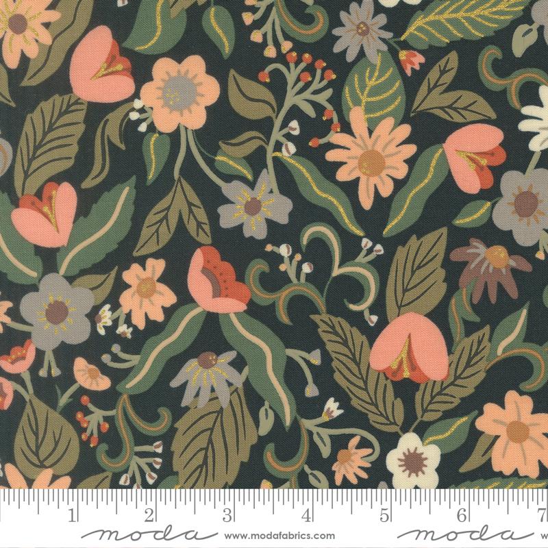 Sunlit Ruins Flowers Metallic Nightfall - Quilt Fabric