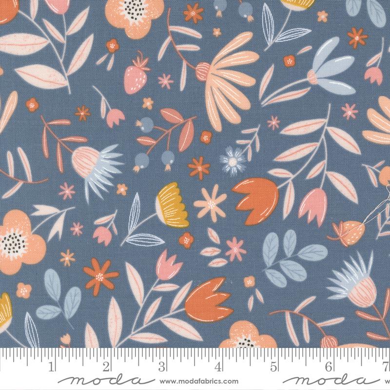 Blossoms And Blooms Flowers Denim - Quilt Fabric