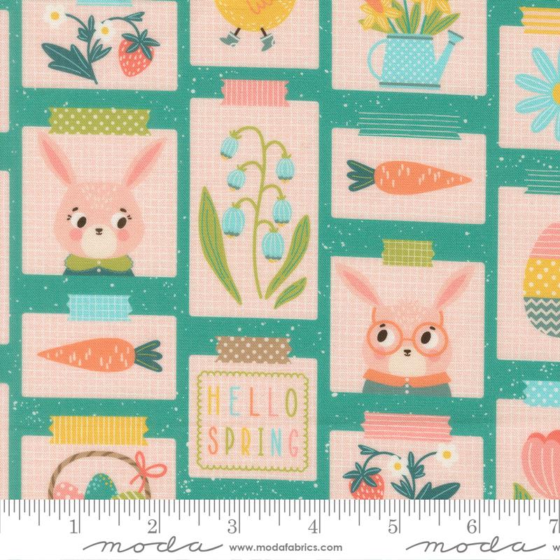 Hop Into Spring Pictures Turquoise - Quilt Fabric, zoomed in. Select this picture to zoom back out.