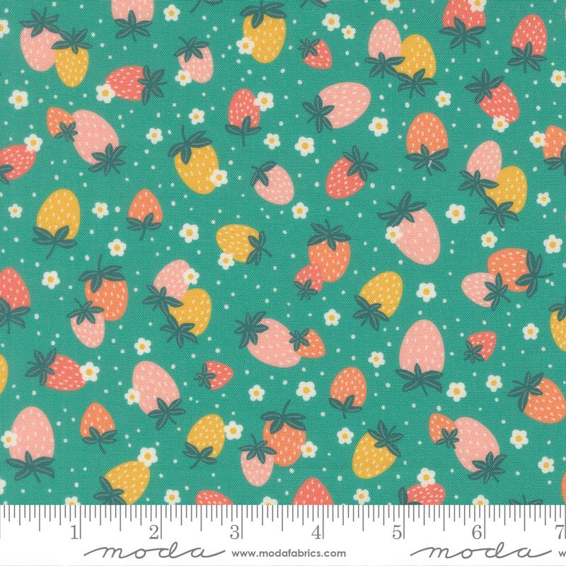 Hop Into Spring Strawberry Turquoise - Quilt Fabric, zoomed in. Select this picture to zoom back out.