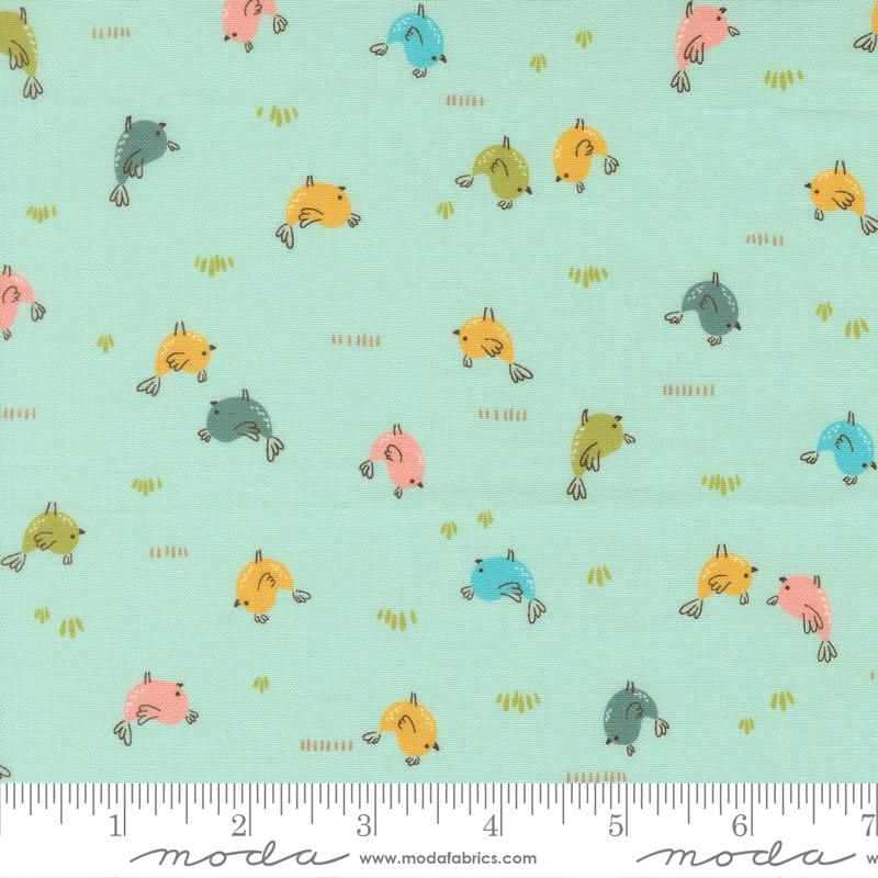 Hop Into Spring Birds Aqua - Quilt Fabric, zoomed in. Select this picture to zoom back out.