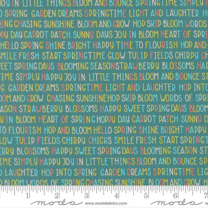 Hop Into Spring Text Teal - Quilt Fabric, zoomed in. Select this picture to zoom back out.