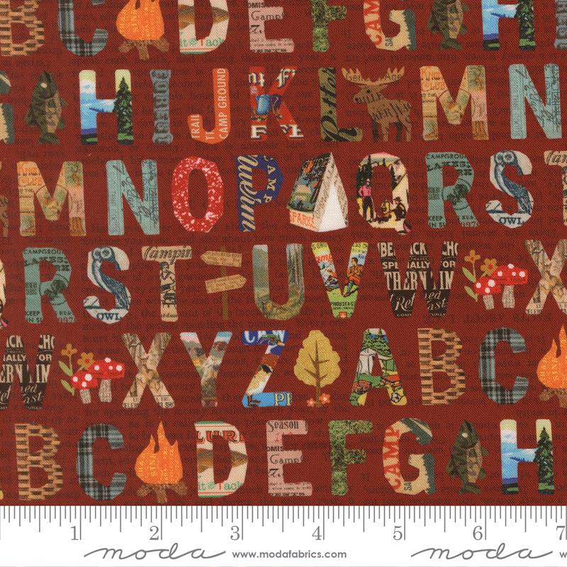 Paper Trails Alphabet Campfire - Quilt Fabric, zoomed in. Select this picture to zoom back out.