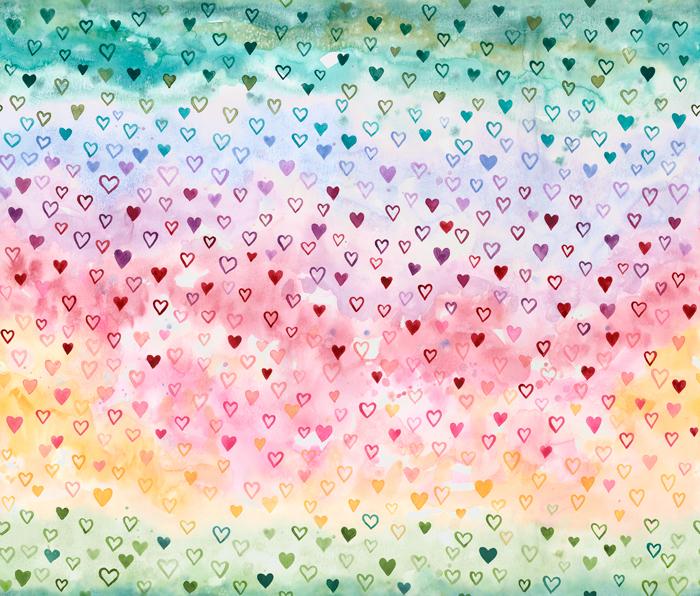 Fleur The Love QC Hearts Rainbow - Quilt Fabric, zoomed in. Select this picture to zoom back out.