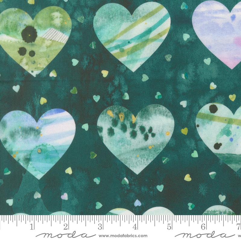 Fleur The Love Hearts Dark Teal - Quilt Fabric, zoomed in. Select this picture to zoom back out.