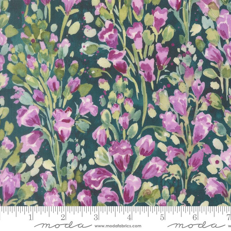 Fleur The Love Floral Dark Teal - Quilt Fabric, zoomed in. Select this picture to zoom back out.