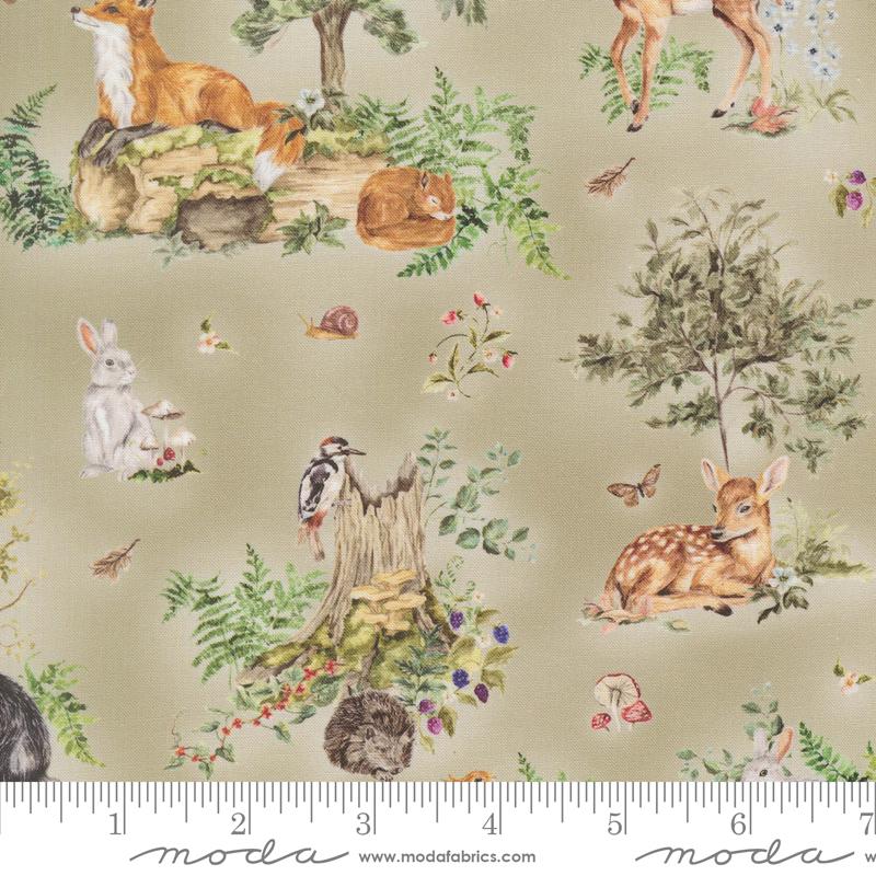 Fable and Fern Wildlife Sage - Quilt Fabric, zoomed in. Select this picture to zoom back out.