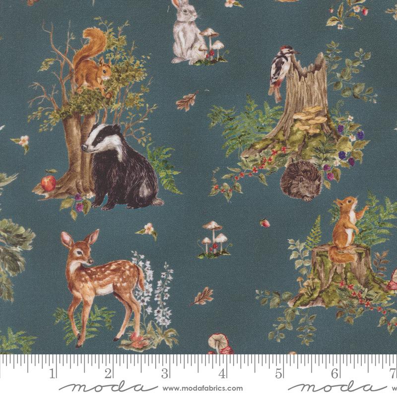 Fable and Fern Wildlife Indigo - Quilt Fabric, zoomed in. Select this picture to zoom back out.