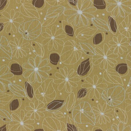 Yellow Flowers Leaves Cotton Linen Mixed Canvas - Fabric