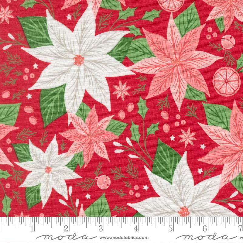 Merrily On High Poinsettia Christmas Red - Quilt Fabric