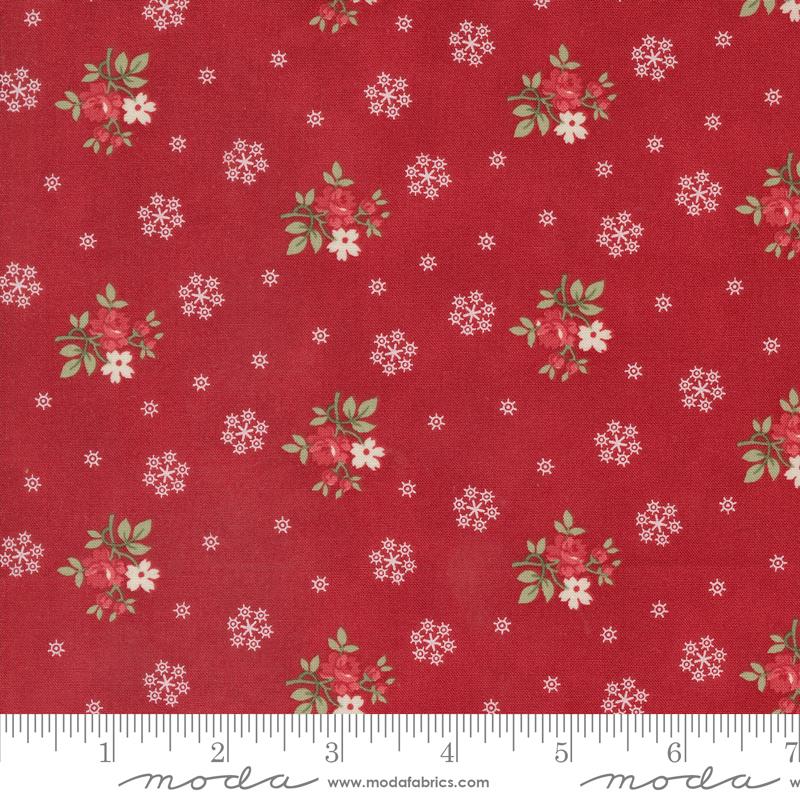 A Christmas Carol Flurries - Crimson - Quilt Fabric, zoomed in. Select this picture to zoom back out.