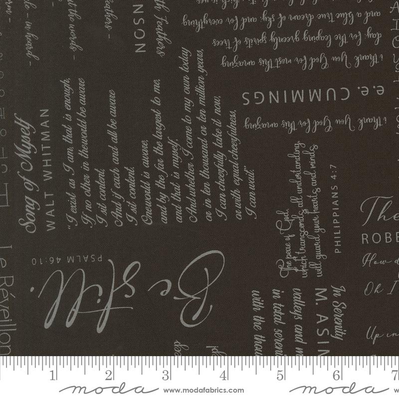 Tranquility Text Charcoal - Quilt Fabric, zoomed in. Select this picture to zoom back out.