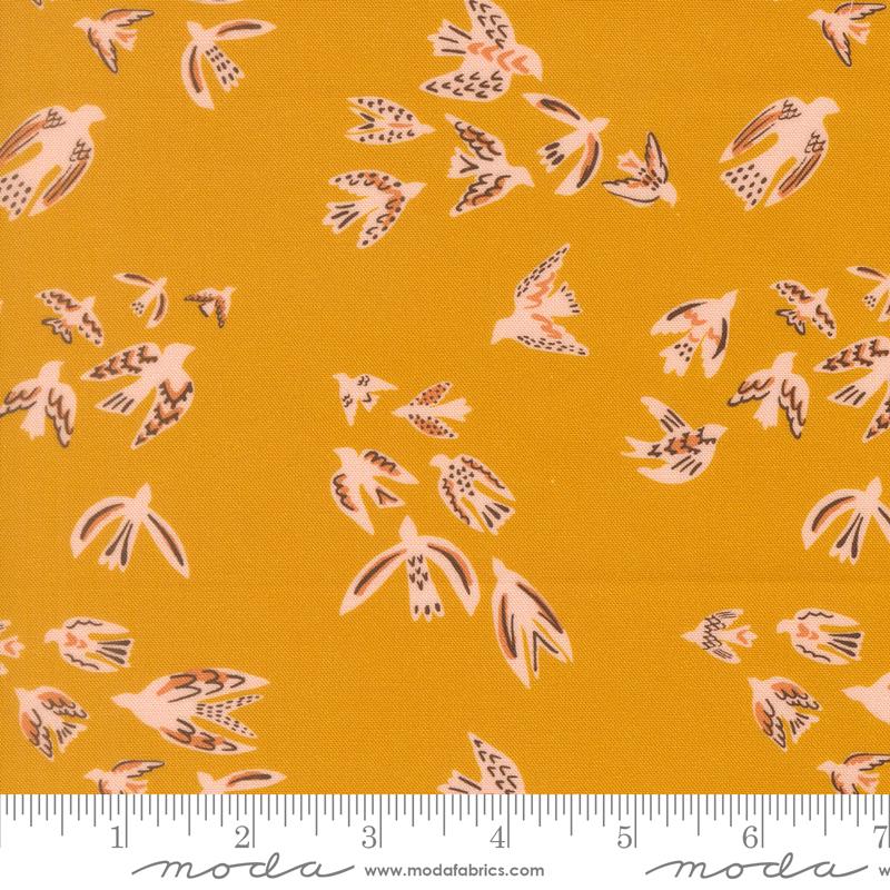 Flora & Thread Birds Golden - Quilt Fabric, zoomed in. Select this picture to zoom back out.